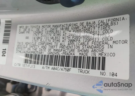 2009 Toyota Tacoma Base V6 z USA, uszkodzony, nr VIN 3TMLU42N49M025401